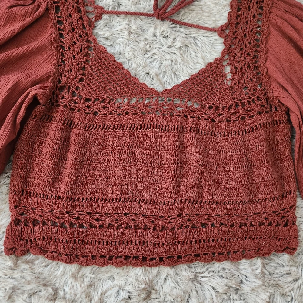 Free People Cynthia Crochet Crop Top Brick Red Women's Size Large‎